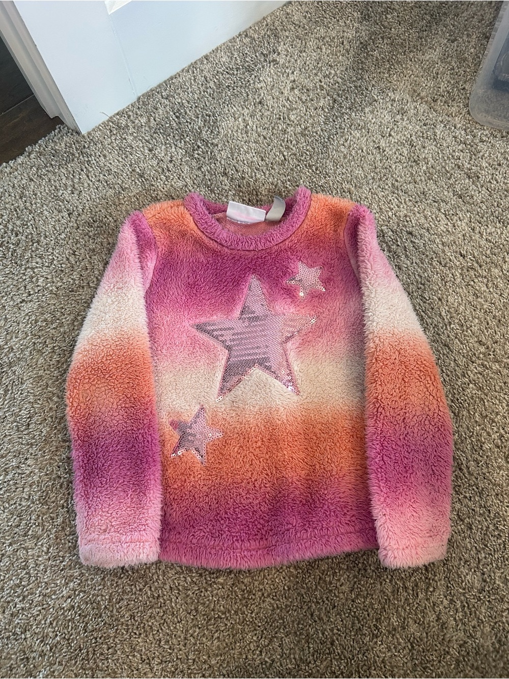 Girls' Fuzzy Star Pullover - Pink Orange Gradient